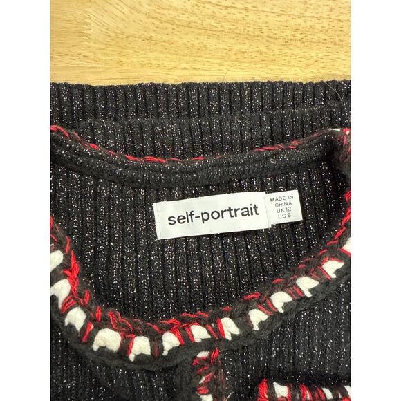 New Self-Portrait Lurex Black with red & white weave Sweater Midi Dress Size 12 - Picture 5 of 9